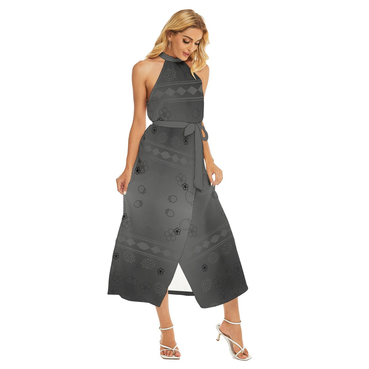 All-Over Print Women's Wrap Hem Belted Halter Dress