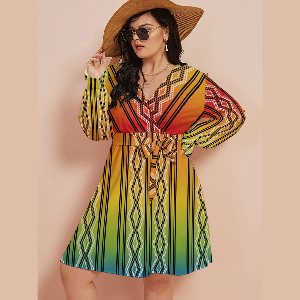 Rainbow Basket | V-neck Dress With Waistband(Plus Size)