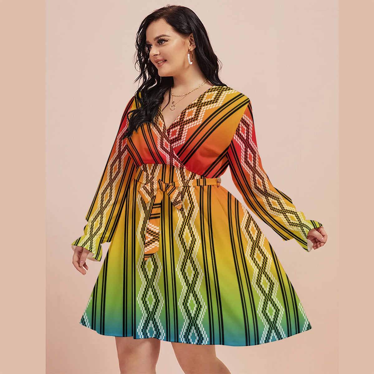 Rainbow Basket | V-neck Dress With Waistband(Plus Size)