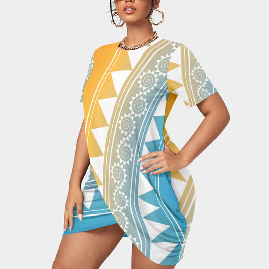 All-Over Print Stacked Hem Dress With Short Sleeve(Plus Size)
