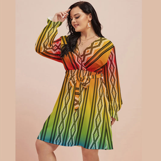 Rainbow Basket | V-neck Dress With Waistband(Plus Size)